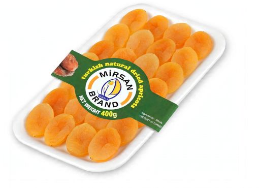 Mirsan Brand 250g 300g 400g Turkish dried apricots in transparent karton kutu oval PET packaging. Premium Malatya origin, sun-dried, bright orange color, soft and sweet texture. Green round label with Mirsan logo. Net weight 250g. Product of Turkey, export quality healthy snack.